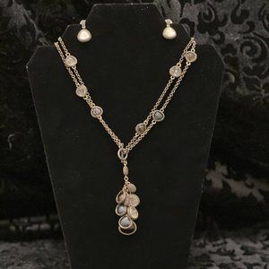 Vintage Multi-chain bronze and assorted Agate embellished Necklace w/Earrings